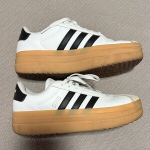 Kids Adidas VL Court Bold White and Black Platform Shoes with Gum Soles